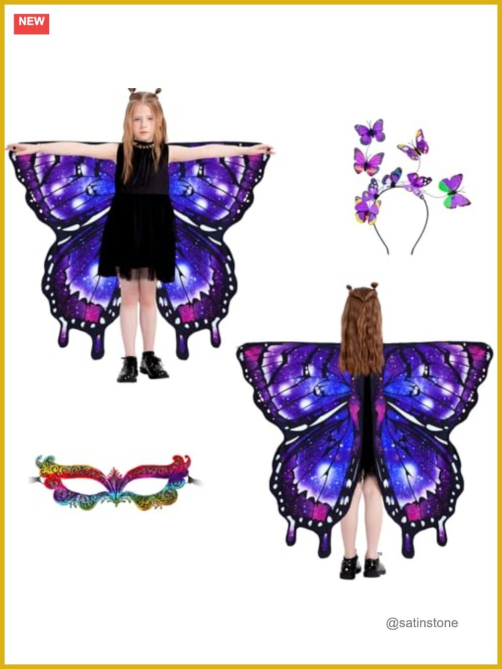 Kids Butterfly Wings Costume Set 3PCS Fairy Dress Up Pretend Play